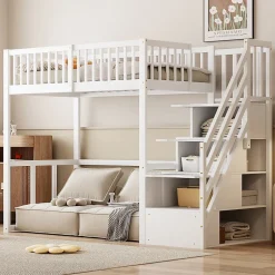 Okwish Lit Mezzanine Bois 90x200 cm enfant avec Escalier Sécurisé et Rangement Intégré - Blanc Outlet
