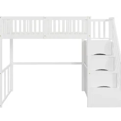 Okwish Lit Mezzanine Bois 90x200 cm enfant avec Escalier Sécurisé et Rangement Intégré - Blanc Outlet