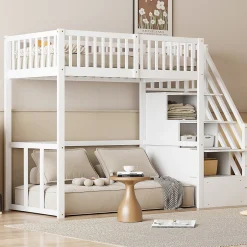 Okwish Lit Mezzanine Bois 90x200 cm enfant avec Escalier Sécurisé et Rangement Intégré - Blanc Outlet