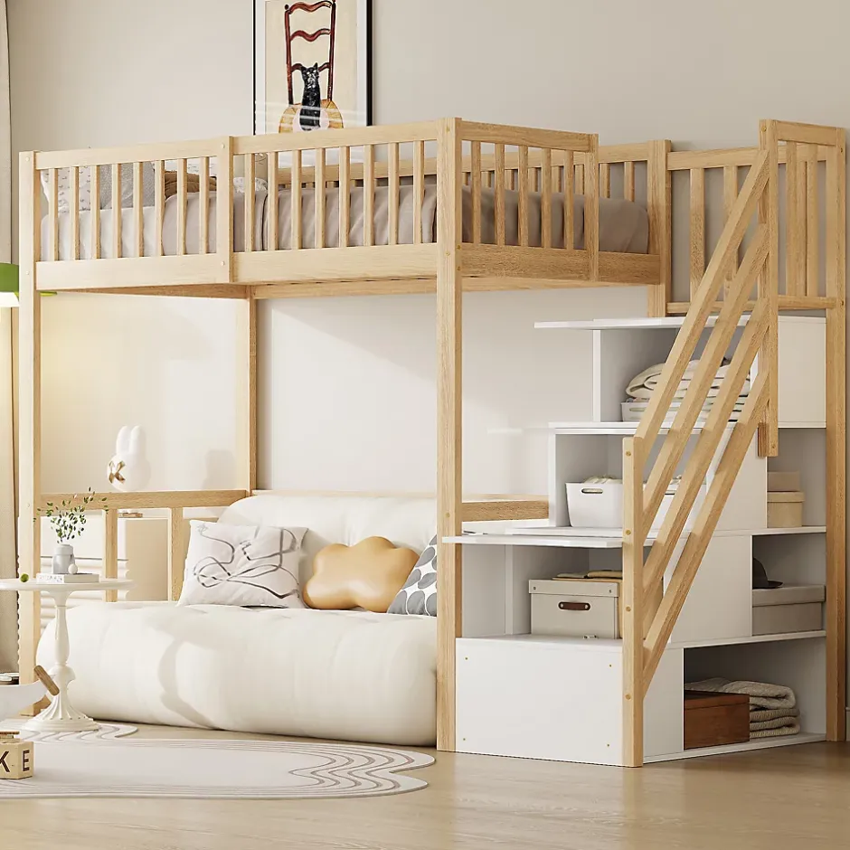 Okwish Lit Mezzanine Bois 90x200 cm enfant avec Escalier Sécurisé et Rangement - Bois Naturel Hot