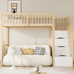 Okwish Lit Mezzanine Bois 90x200 cm enfant avec Escalier Sécurisé et Rangement - Bois Naturel Hot