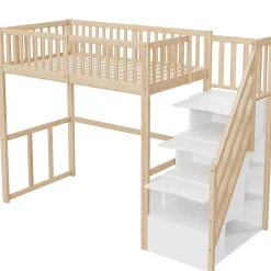 Okwish Lit Mezzanine Bois 90x200 cm enfant avec Escalier Sécurisé et Rangement - Bois Naturel Hot