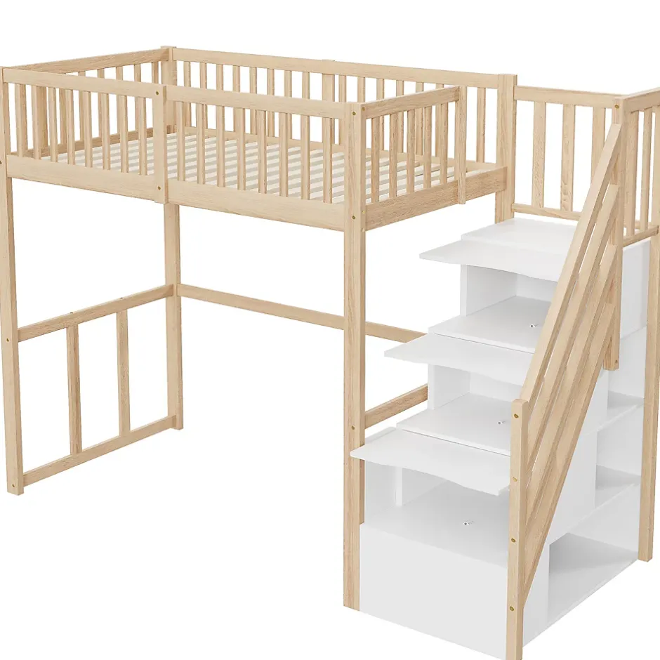 Okwish Lit Mezzanine Bois 90x200 cm enfant avec Escalier Sécurisé et Rangement - Bois Naturel Hot