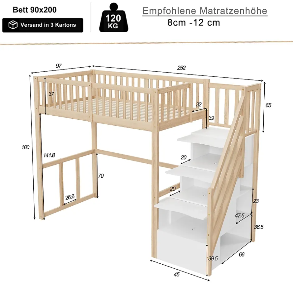 Okwish Lit Mezzanine Bois 90x200 cm enfant avec Escalier Sécurisé et Rangement - Bois Naturel Hot