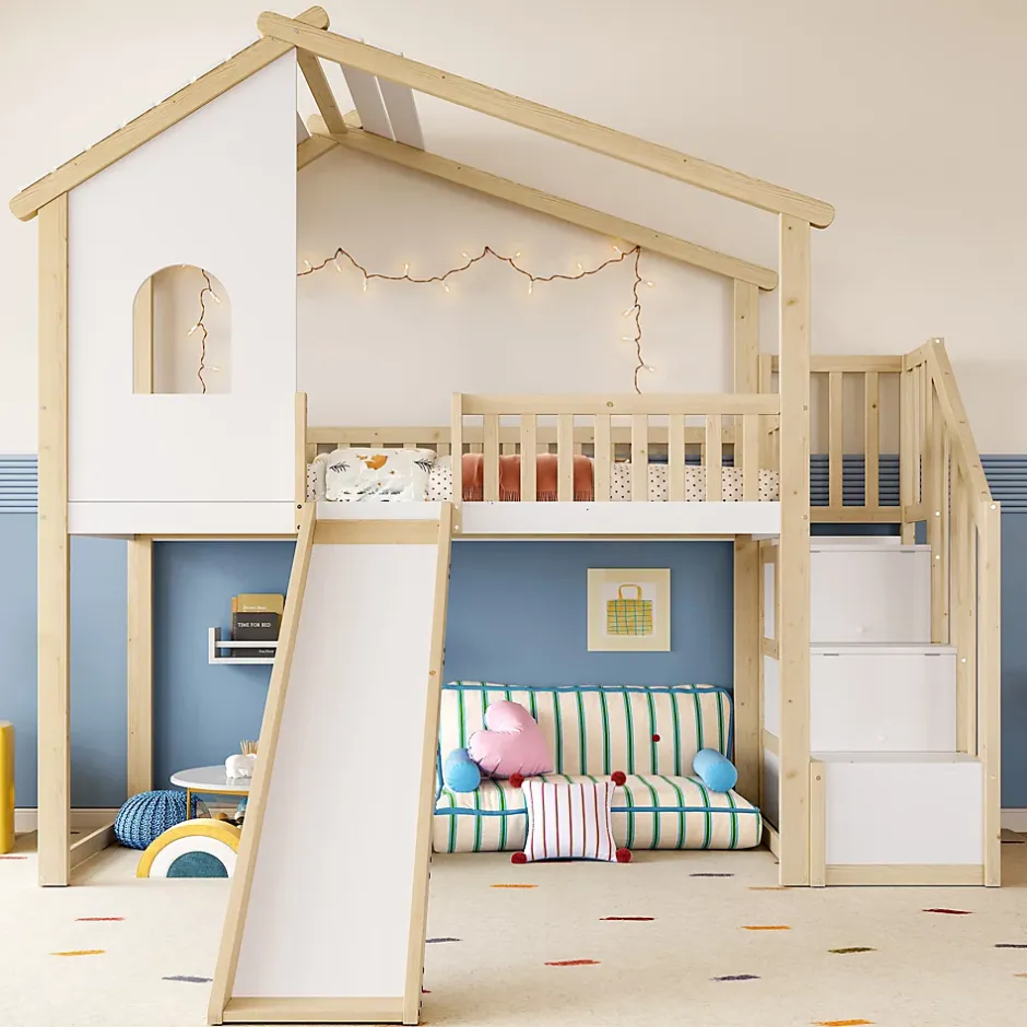 Okwish Lit mezzanine cabane 90x200 cm - Lit avec rangement sous l'escalier et toboggan - Pin naturel - Sans matelas - Blanc et Naturel Clearance