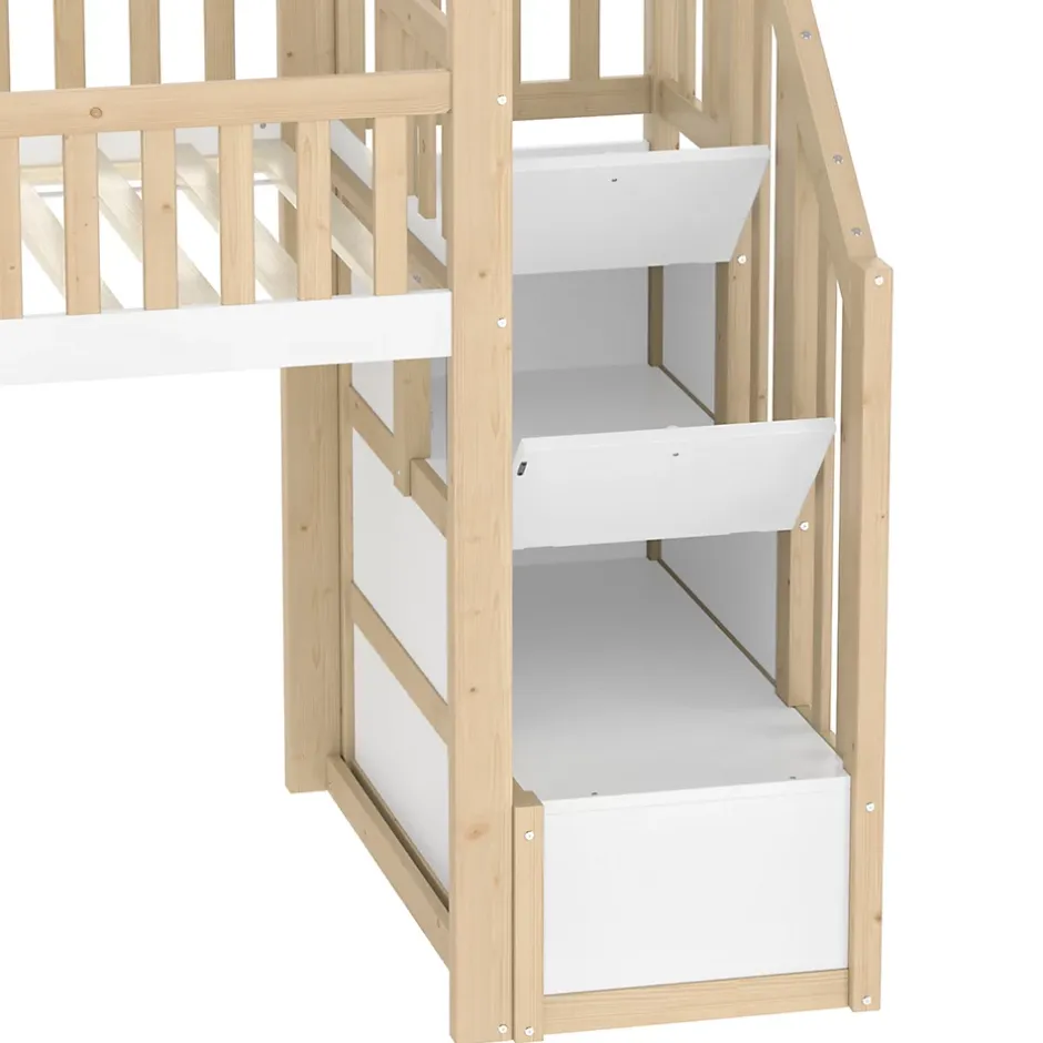 Okwish Lit mezzanine cabane 90x200 cm - Lit avec rangement sous l'escalier et toboggan - Pin naturel - Sans matelas - Blanc et Naturel Clearance