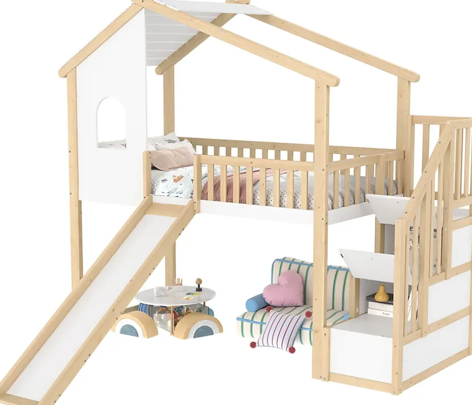 Okwish Lit mezzanine cabane 90x200 cm - Lit avec rangement sous l'escalier et toboggan - Pin naturel - Sans matelas - Blanc et Naturel Clearance