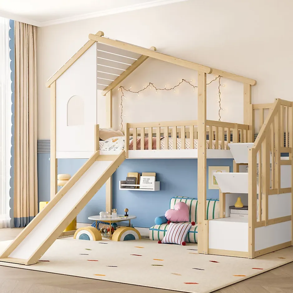 Okwish Lit mezzanine cabane 90x200 cm - Lit avec rangement sous l'escalier et toboggan - Pin naturel - Sans matelas - Blanc et Naturel Clearance