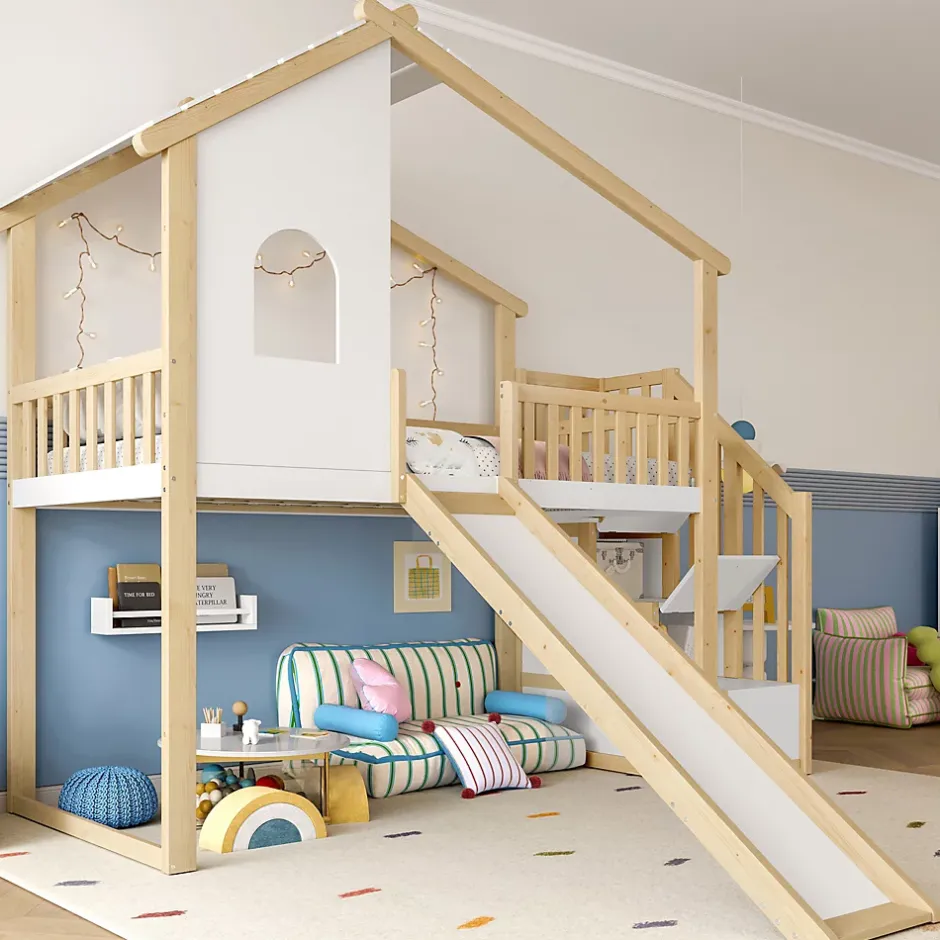 Okwish Lit mezzanine cabane 90x200 cm - Lit avec rangement sous l'escalier et toboggan - Pin naturel - Sans matelas - Blanc et Naturel Clearance