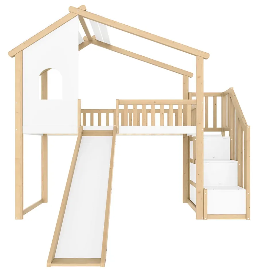 Okwish Lit mezzanine cabane 90x200 cm - Lit avec rangement sous l'escalier et toboggan - Pin naturel - Sans matelas - Blanc et Naturel Clearance