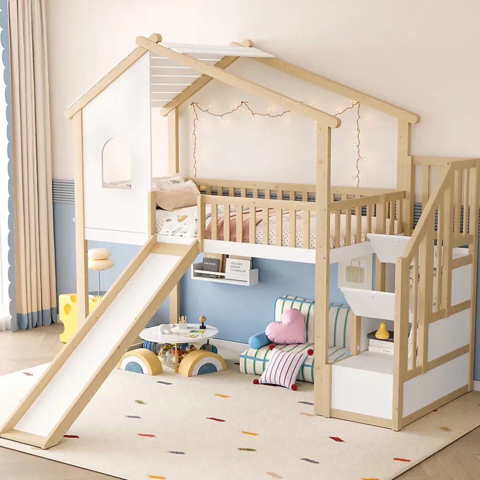 Okwish Lit mezzanine cabane 90x200 cm - Lit avec rangement sous l'escalier et toboggan - Pin naturel - Sans matelas - Blanc et Naturel Clearance