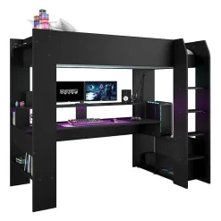 Parisot Lit mezzanine combine enfant LED Gamer ONLINE - 90 x 200 cm - Noir mat - Sommier inclus -