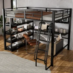 Okwish Lit mezzanine double 140x200 cm en métal avec rangements multiples, étagères, échelle à 4 marches et prise intégrée - noir