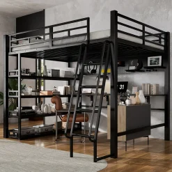 Okwish Lit mezzanine double 140x200 cm en métal avec rangements multiples, étagères, échelle à 4 marches et prise intégrée - noir