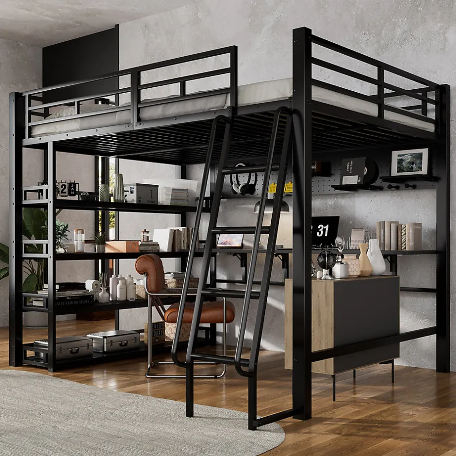 Okwish Lit mezzanine double 140x200 cm en métal avec rangements multiples, étagères, échelle à 4 marches et prise intégrée - noir