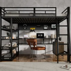Okwish Lit mezzanine double 140x200 cm en métal avec rangements multiples, étagères, échelle à 4 marches et prise intégrée - noir