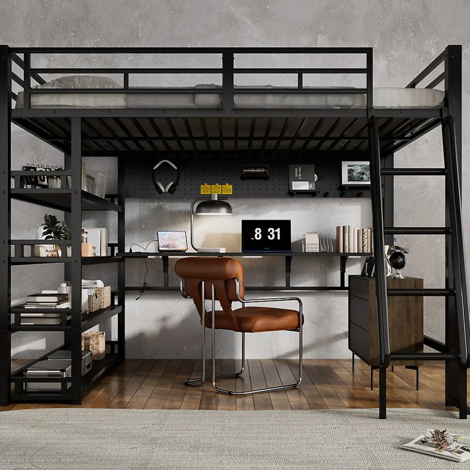 Okwish Lit mezzanine double 140x200 cm en métal avec rangements multiples, étagères, échelle à 4 marches et prise intégrée - noir