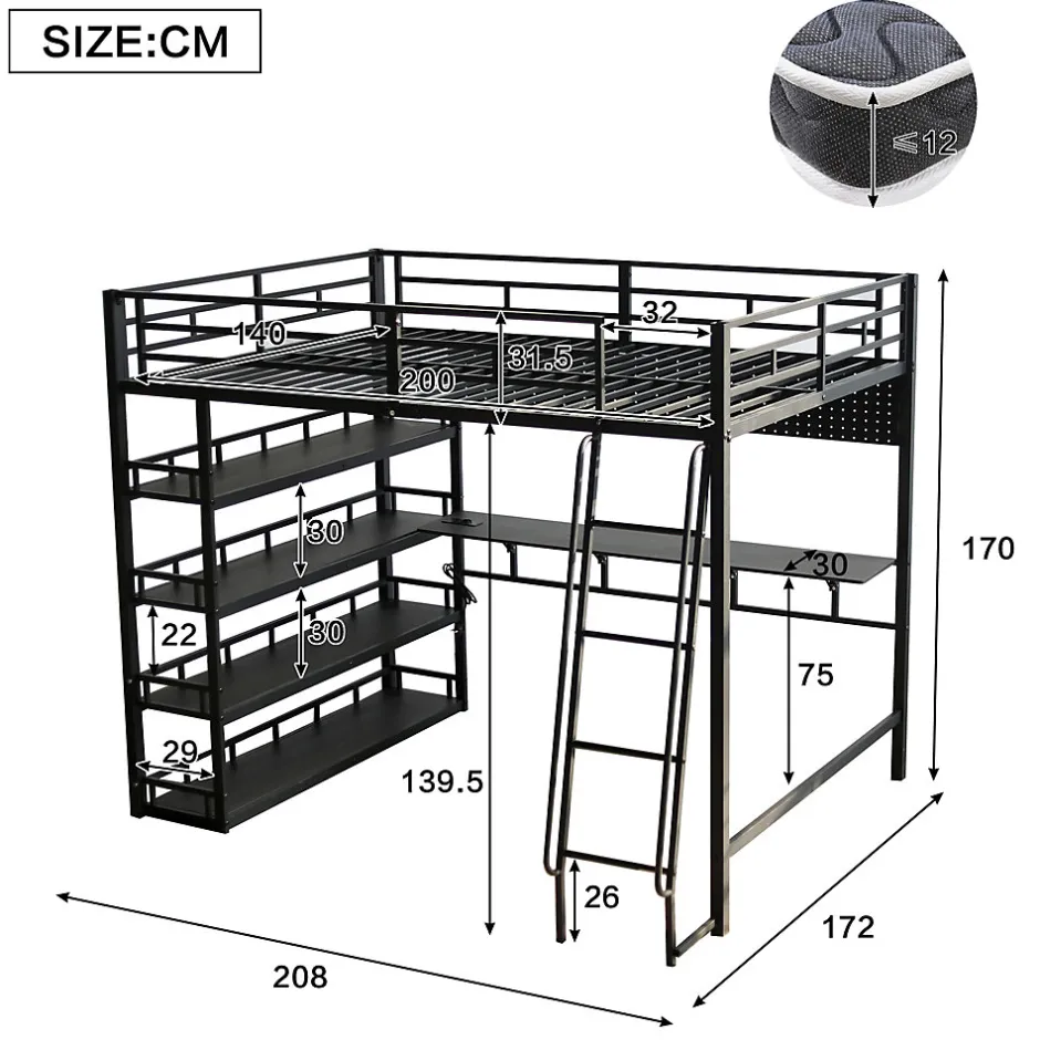 Okwish Lit mezzanine double 140x200 cm en métal avec rangements multiples, étagères, échelle à 4 marches et prise intégrée - noir