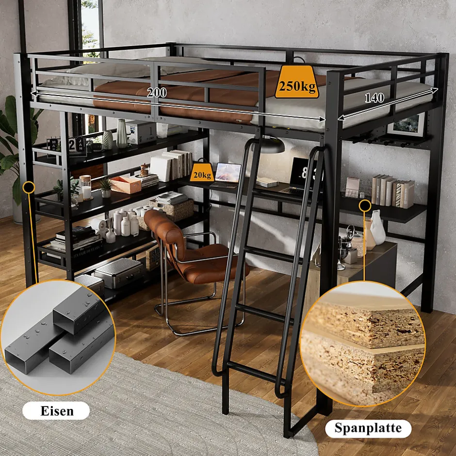 Okwish Lit mezzanine double 140x200 cm en métal avec rangements multiples, étagères, échelle à 4 marches et prise intégrée - noir