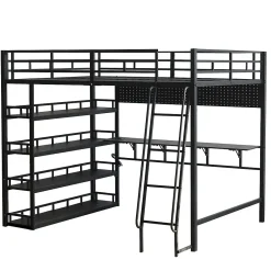 Okwish Lit mezzanine double 140x200 cm en métal avec rangements multiples, étagères, échelle à 4 marches et prise intégrée - noir