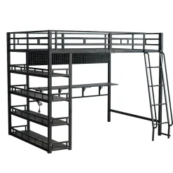 Okwish Lit mezzanine double 140x200 cm en métal avec rangements multiples, étagères, échelle à 4 marches et prise intégrée - noir
