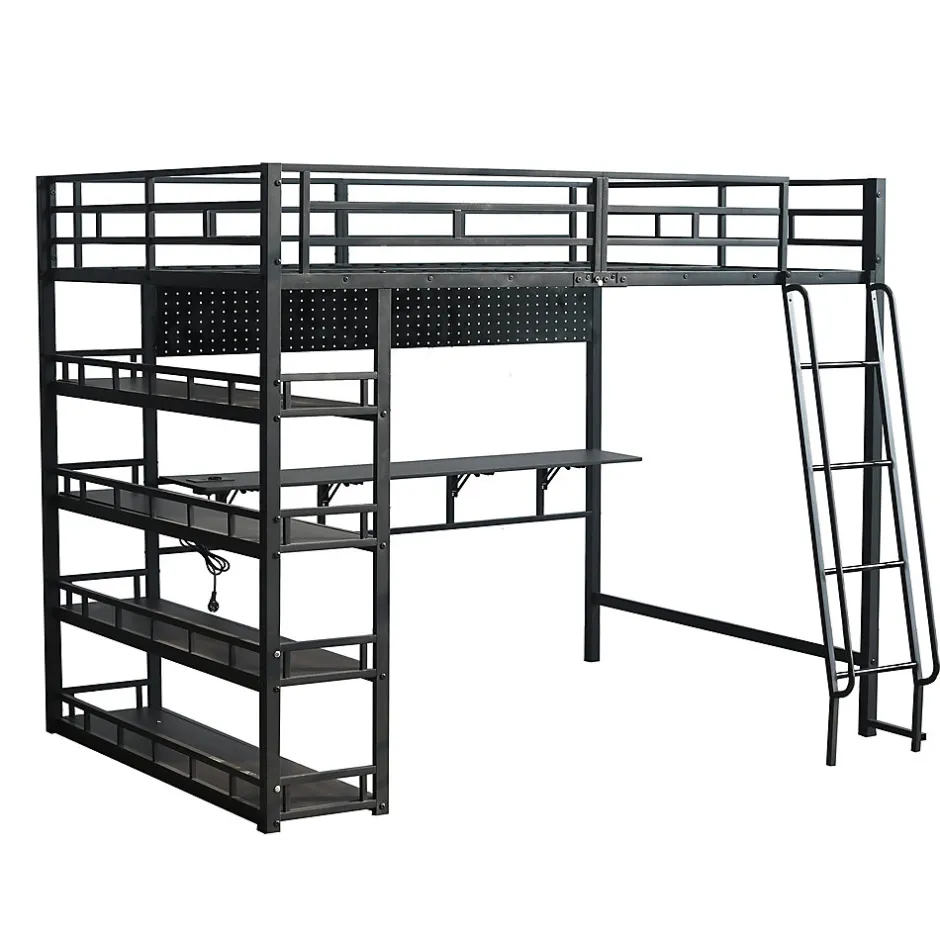 Okwish Lit mezzanine double 140x200 cm en métal avec rangements multiples, étagères, échelle à 4 marches et prise intégrée - noir