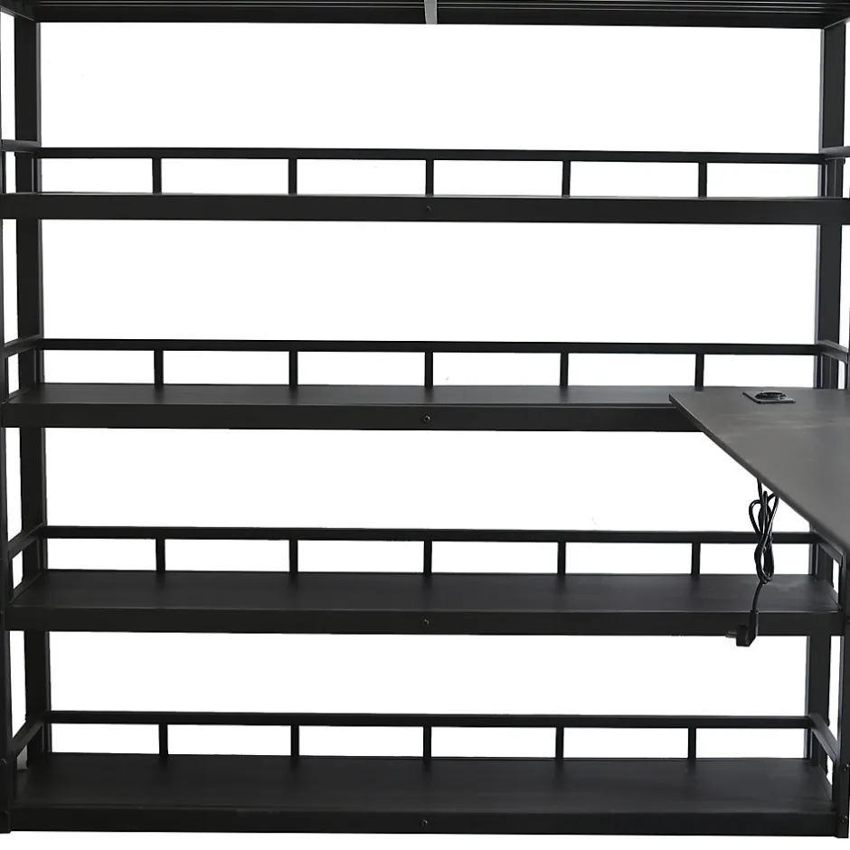 Okwish Lit mezzanine double 140x200 cm en métal avec rangements multiples, étagères, échelle à 4 marches et prise intégrée - noir