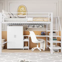 Okwish Lit Mezzanine Double 140x200 cm - Avec Bureau et Armoire Intégrés, Escalier avec Rangements - Sans Matelas - Blanc Clearance
