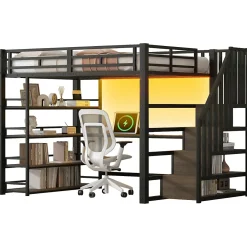 Okwish Lit Mezzanine Double 140x200 cm - Éclairage LED et Escaliers Sécurisés, Bureau Intégré et Rangements, sans Matelas - Métal Noir Sale