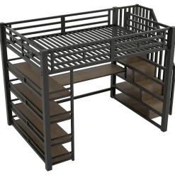 Okwish Lit Mezzanine Double 140x200 cm - Éclairage LED et Escaliers Sécurisés, Bureau Intégré et Rangements, sans Matelas - Métal Noir Sale