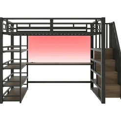 Okwish Lit Mezzanine Double 140x200 cm - Éclairage LED et Escaliers Sécurisés, Bureau Intégré et Rangements, sans Matelas - Métal Noir Sale