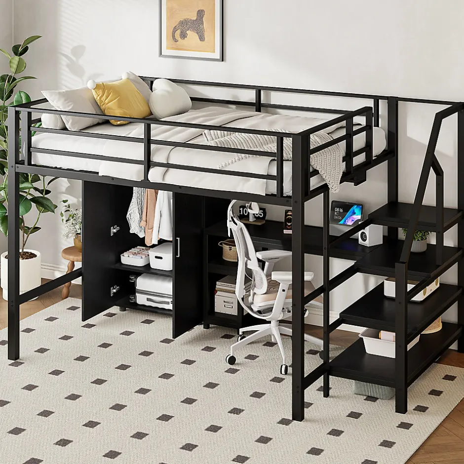 Okwish Lit Mezzanine Double 140x200 cm - Avec Bureau et Armoire, Escalier avec Rangements Intégrés - Sans Matelas - Noir