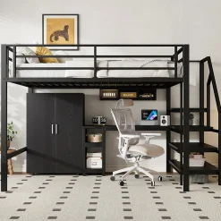 Okwish Lit Mezzanine Double 140x200 cm - Avec Bureau et Armoire, Escalier avec Rangements Intégrés - Sans Matelas - Noir