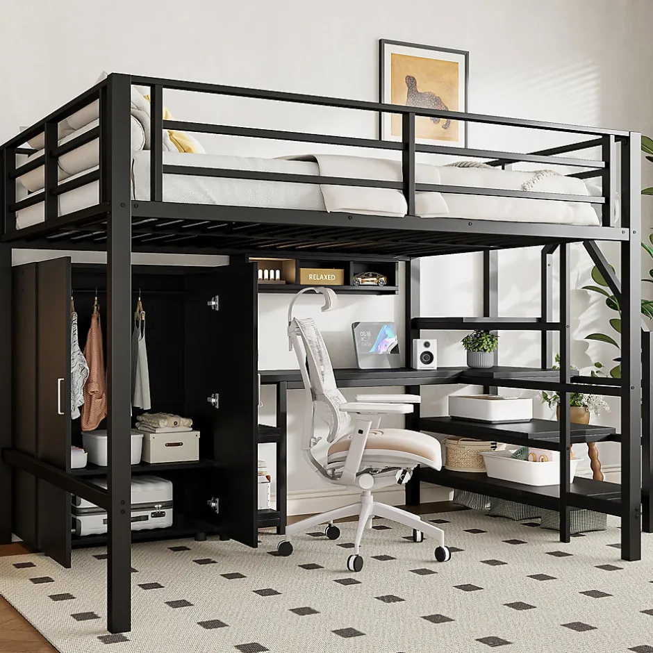 Okwish Lit Mezzanine Double 140x200 cm - Avec Bureau et Armoire, Escalier avec Rangements Intégrés - Sans Matelas - Noir