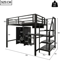 Okwish Lit Mezzanine Double 140x200 cm - Avec Bureau et Armoire, Escalier avec Rangements Intégrés - Sans Matelas - Noir