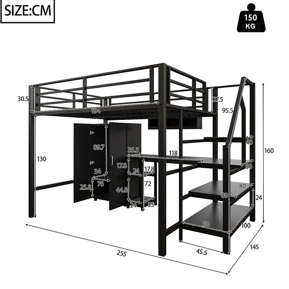 Okwish Lit Mezzanine Double 140x200 cm - Avec Bureau et Armoire, Escalier avec Rangements Intégrés - Sans Matelas - Noir