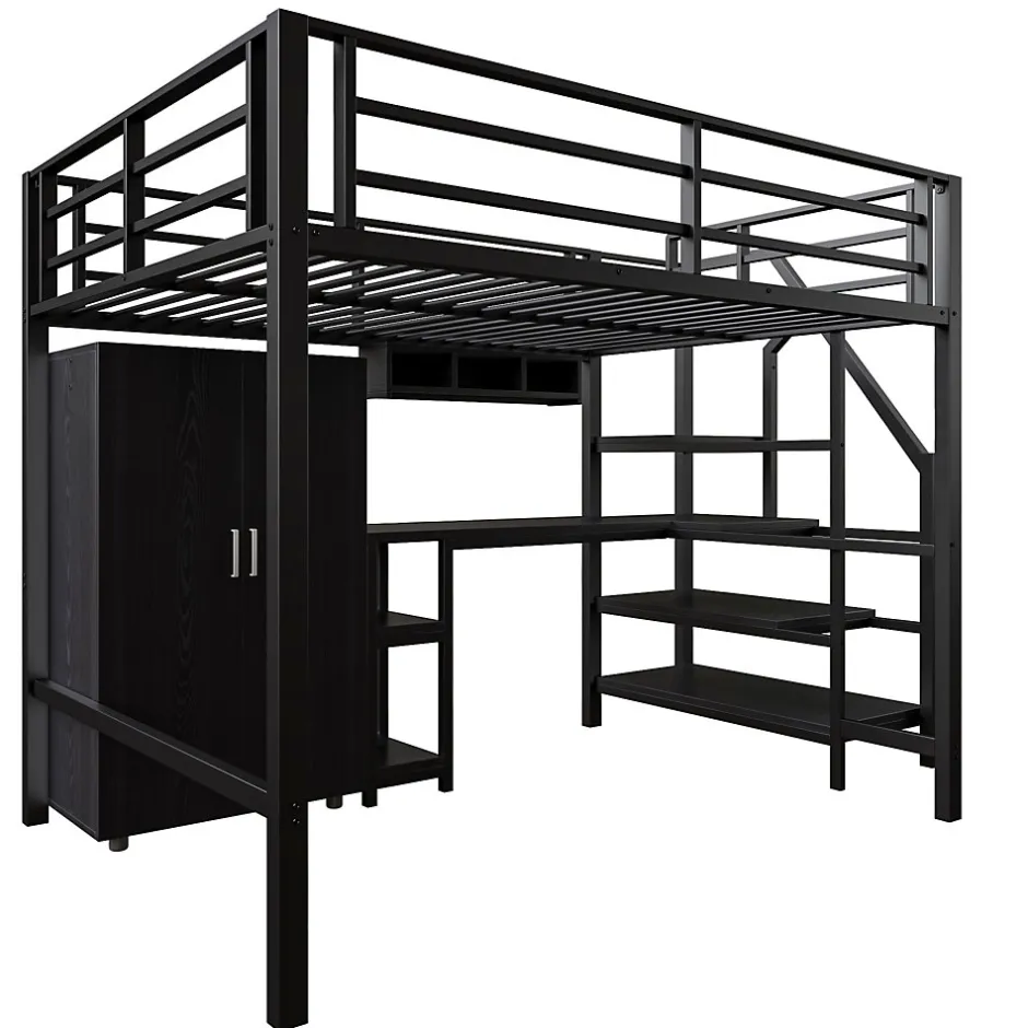 Okwish Lit Mezzanine Double 140x200 cm - Avec Bureau et Armoire, Escalier avec Rangements Intégrés - Sans Matelas - Noir
