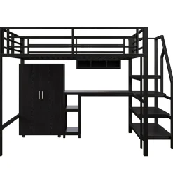 Okwish Lit Mezzanine Double 140x200 cm - Avec Bureau et Armoire, Escalier avec Rangements Intégrés - Sans Matelas - Noir