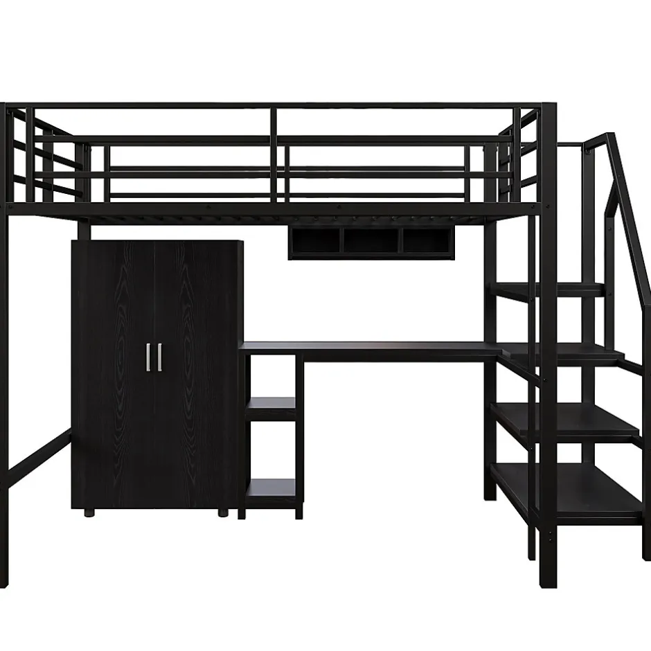 Okwish Lit Mezzanine Double 140x200 cm - Avec Bureau et Armoire, Escalier avec Rangements Intégrés - Sans Matelas - Noir