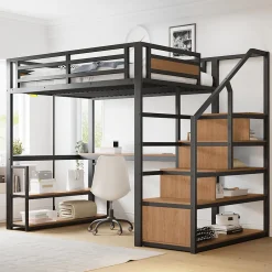 Okwish Lit mezzanine double 140x200 cm en métal avec bureau et étagères intégrés - gain de place pour chambre ado - noir