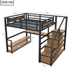 Okwish Lit mezzanine double 140x200 cm en métal avec bureau et étagères intégrés - gain de place pour chambre ado - noir