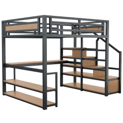 Okwish Lit mezzanine double 140x200 cm en métal avec bureau et étagères intégrés - gain de place pour chambre ado - noir