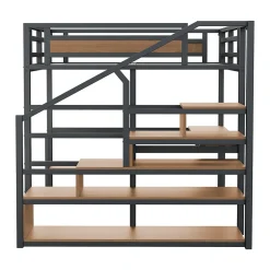 Okwish Lit mezzanine double 140x200 cm en métal avec bureau et étagères intégrés - gain de place pour chambre ado - noir
