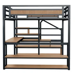 Okwish Lit mezzanine double 140x200 cm en métal avec bureau et étagères intégrés - gain de place pour chambre ado - noir