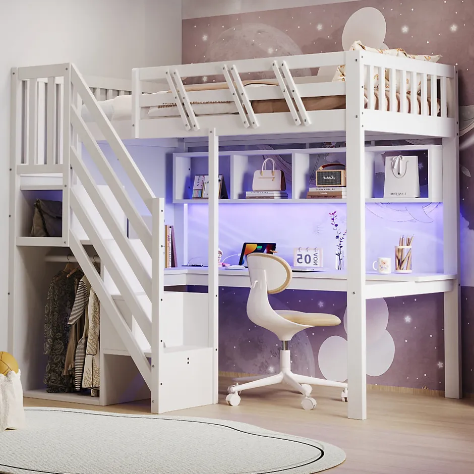 ModernLuxe Lit mezzanine en bois massif 90x200cm LED - avec échelle de rangement - bureau et port USB - blanc (matelas non inclus)
