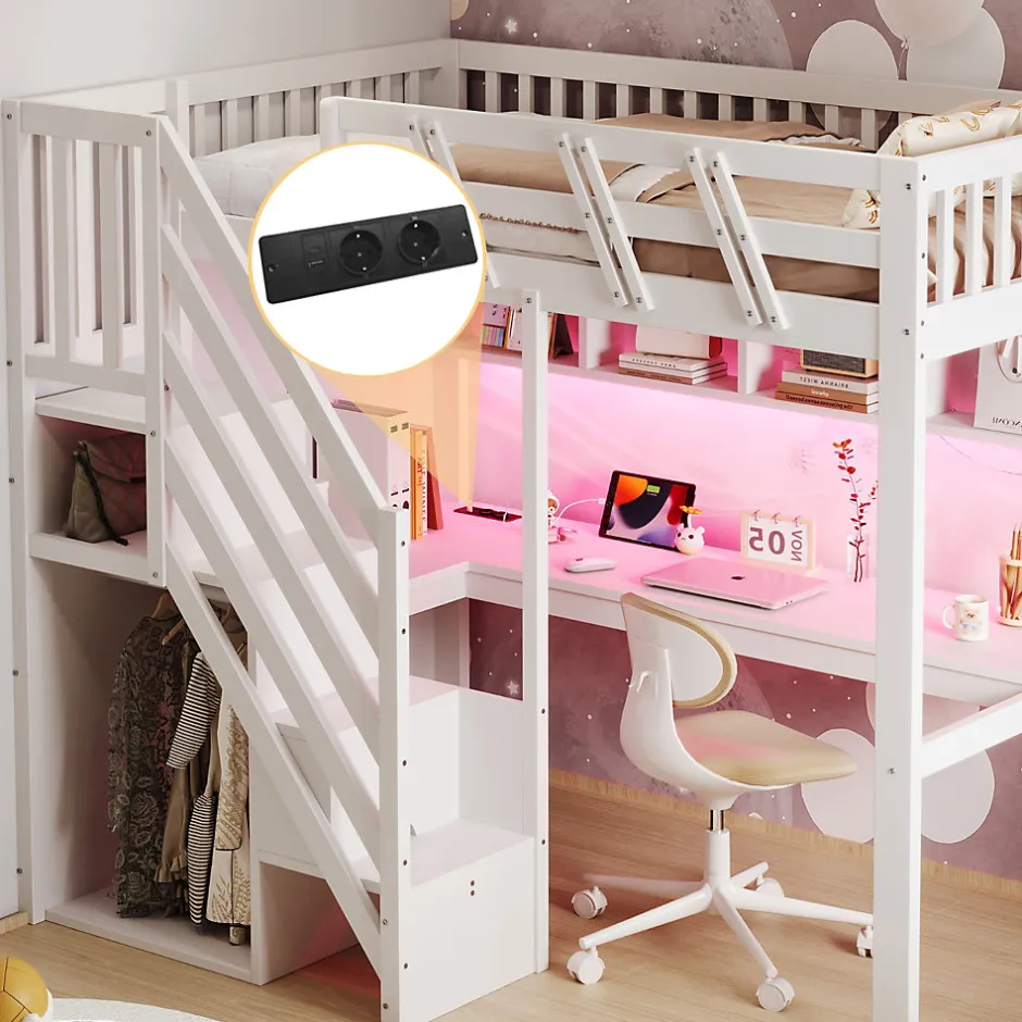 ModernLuxe Lit mezzanine en bois massif 90x200cm LED - avec échelle de rangement - bureau et port USB - blanc (matelas non inclus)
