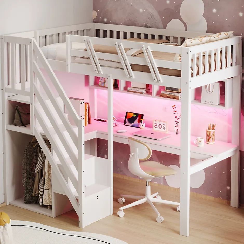 ModernLuxe Lit mezzanine en bois massif 90x200cm LED - avec échelle de rangement - bureau et port USB - blanc (matelas non inclus)