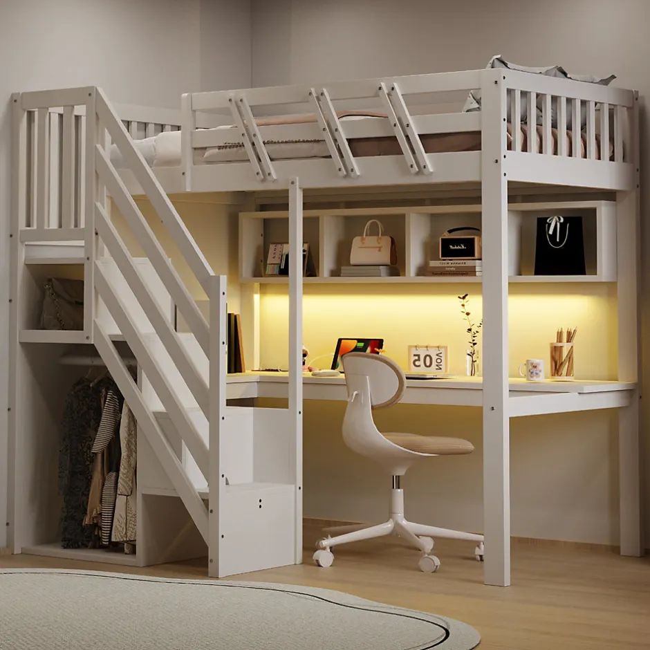 ModernLuxe Lit mezzanine en bois massif 90x200cm LED - avec échelle de rangement - bureau et port USB - blanc (matelas non inclus)