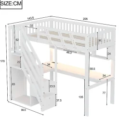 ModernLuxe Lit mezzanine en bois massif 90x200cm LED - avec échelle de rangement - bureau et port USB - blanc (matelas non inclus)