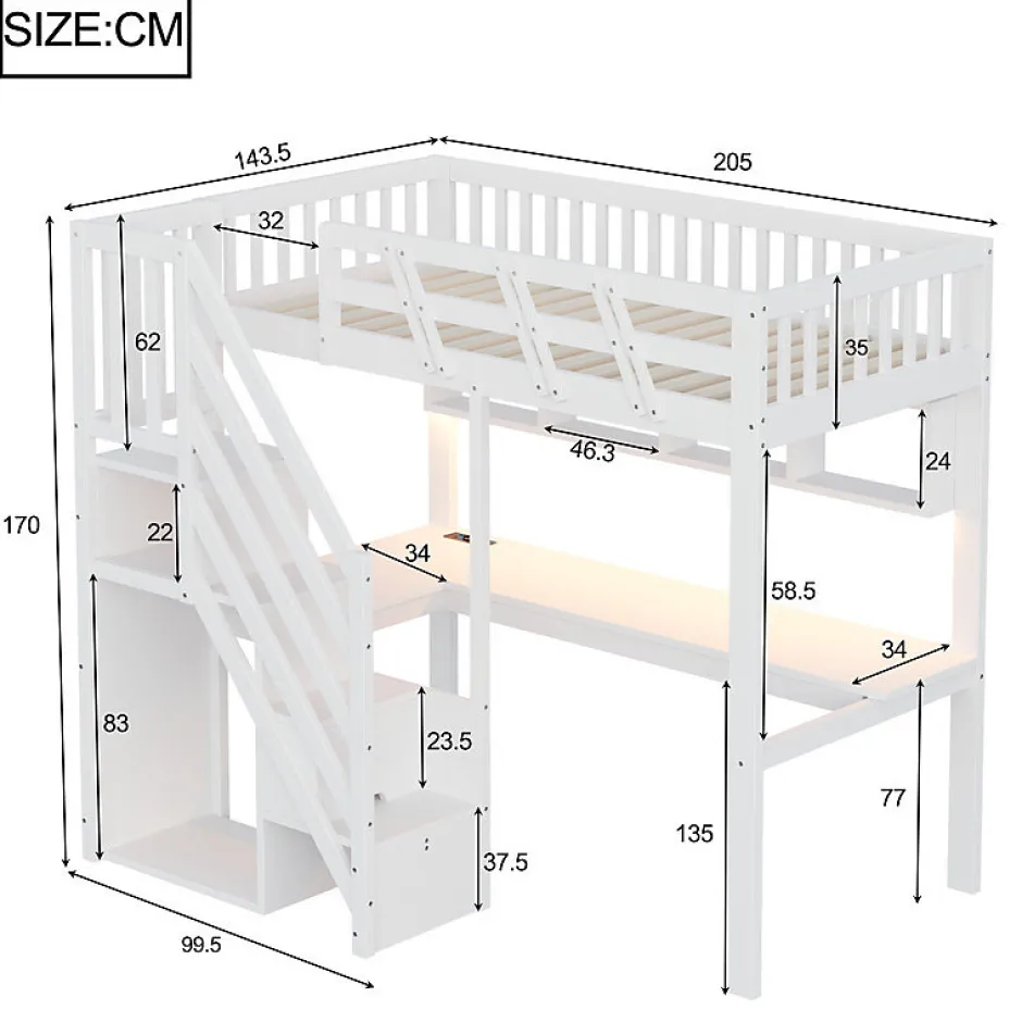 ModernLuxe Lit mezzanine en bois massif 90x200cm LED - avec échelle de rangement - bureau et port USB - blanc (matelas non inclus)